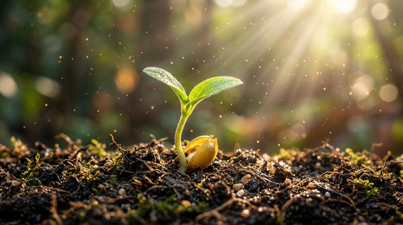 Semilla germinando bajo luz celestial - Siembra y generosidad